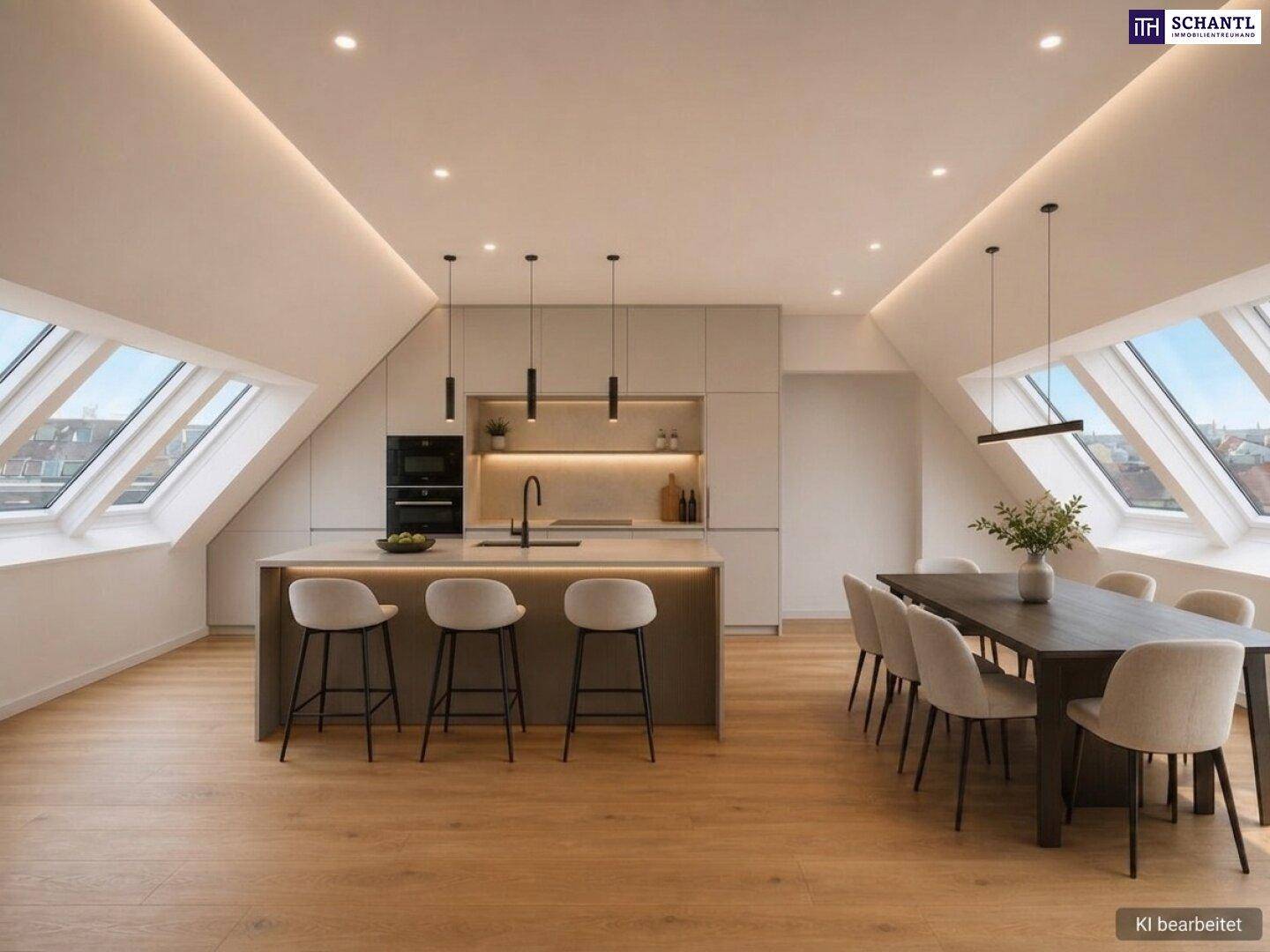 Moderne offene Küche mit Kochinsel und Essbereich unter Dachschrägen mit großen Dachfenstern.
