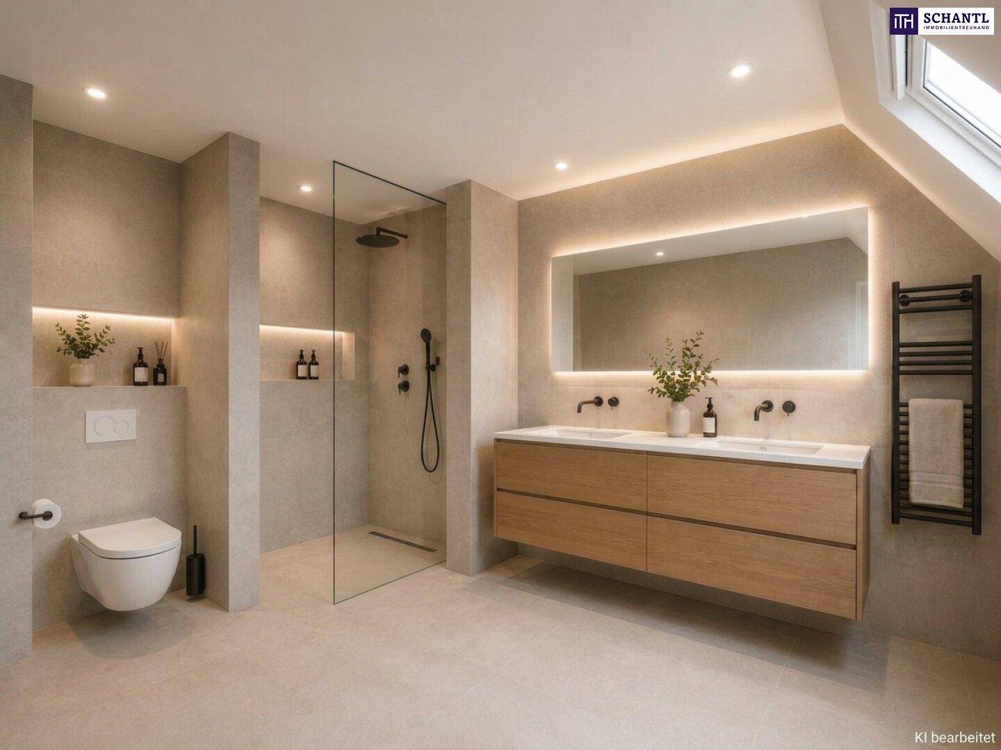 Modernes Badezimmer mit Doppelwaschbecken, großer begehbarer Dusche und Dachfenster.
