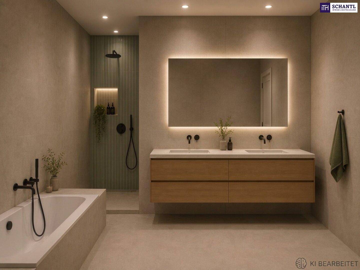 Modernes Badezimmer mit Doppelwaschbecken, beleuchtetem Spiegel, Badewanne und begehbarer Dusche.