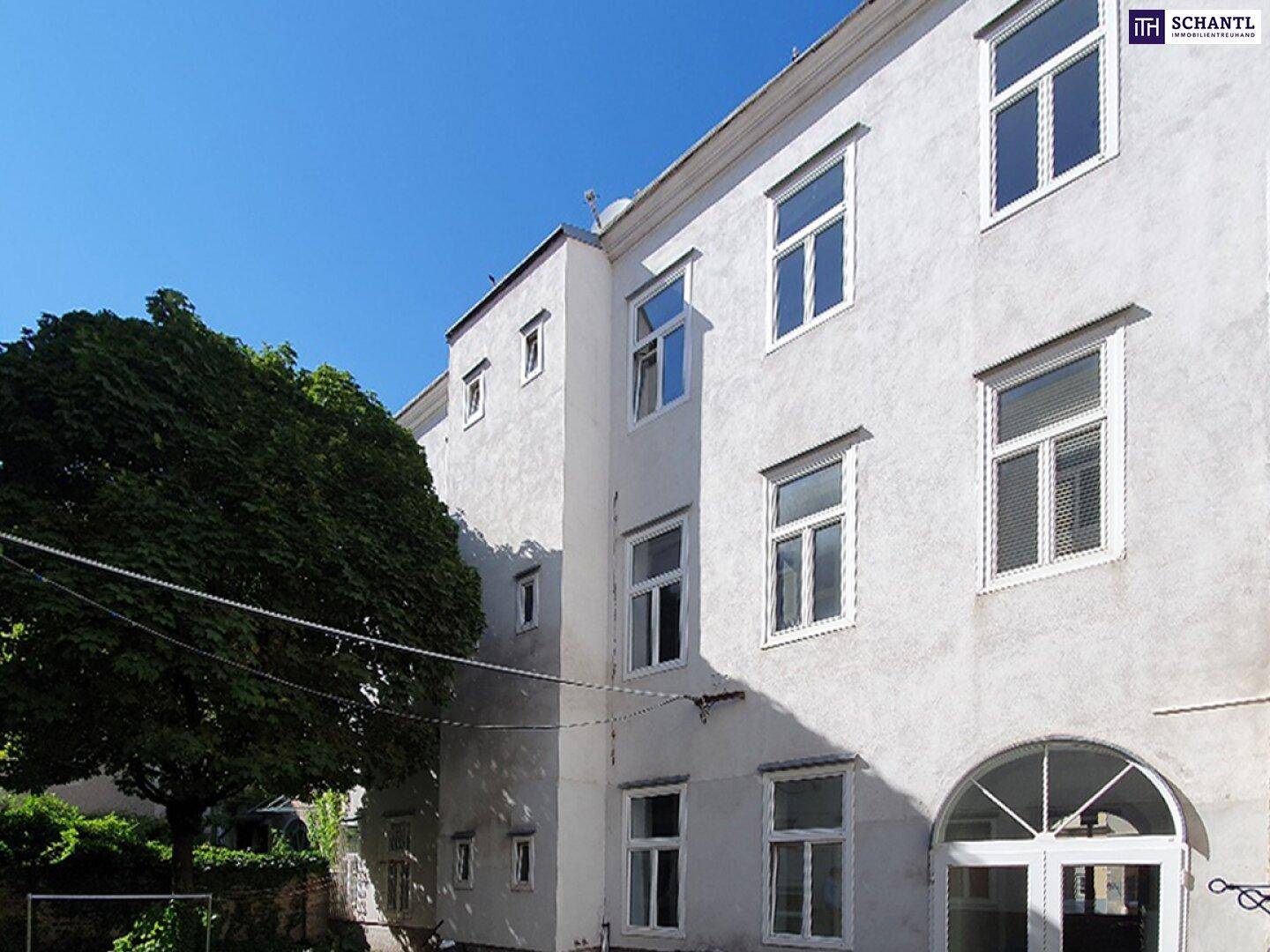 Weiße Gebäudefassade mit vielen Fenstern und einem grünen Baum unter blauem Himmel.
