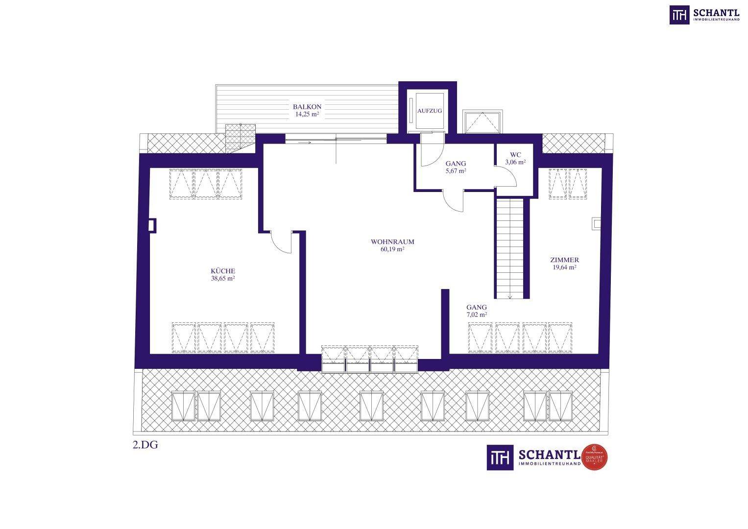 Grundriss des zweiten Dachgeschosses mit offener Küche, Wohnraum, Zimmer und Balkon.