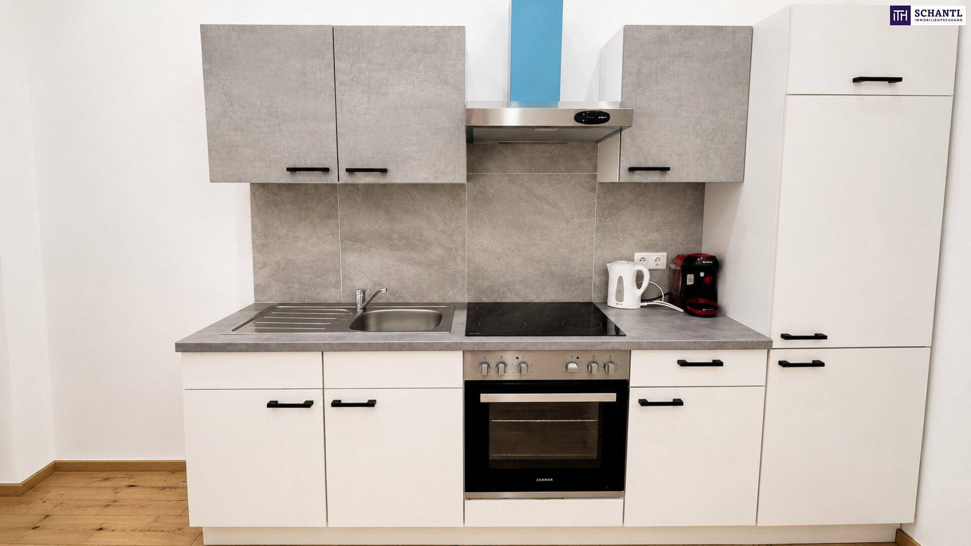 Kompakte, moderne Küche mit weißen und grauen Schränken, integrierten Geräten und Induktionskochfeld.