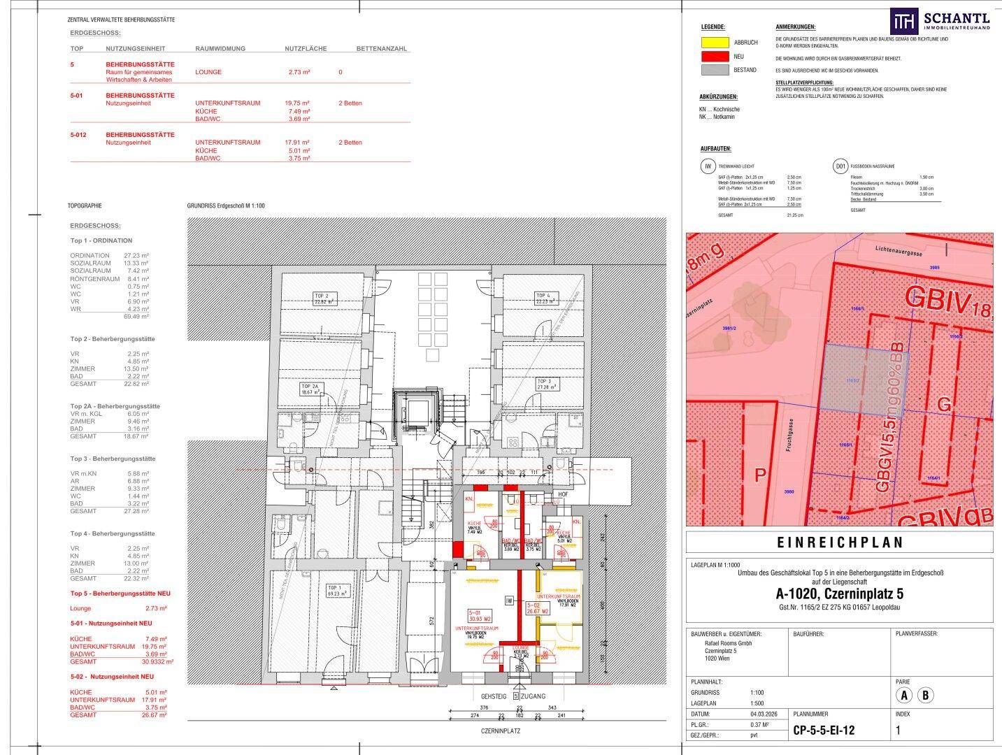 Übersichtlicher Grundriss des Erdgeschosses mit mehreren Wohneinheiten und einem Lageplan.