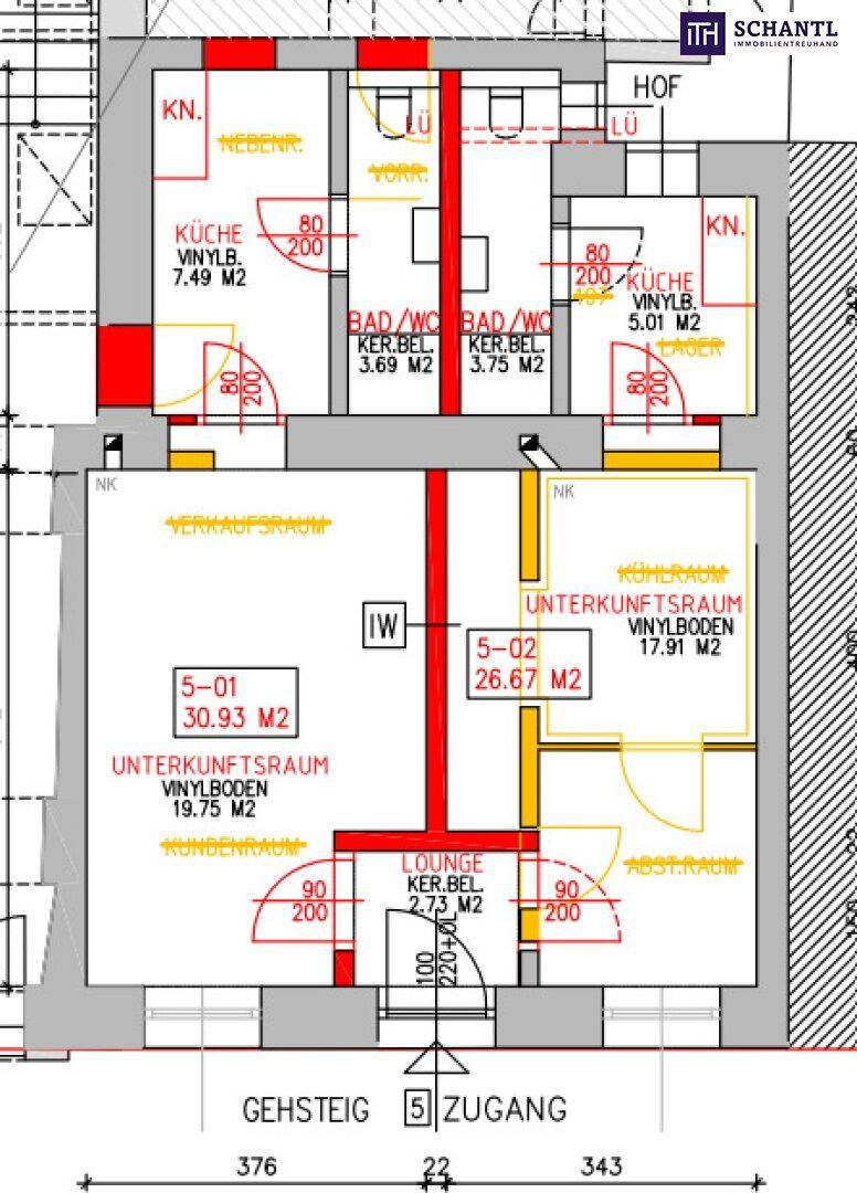 Detaillierter Grundriss mit Raumaufteilung, Küchenbereichen und Bädern.