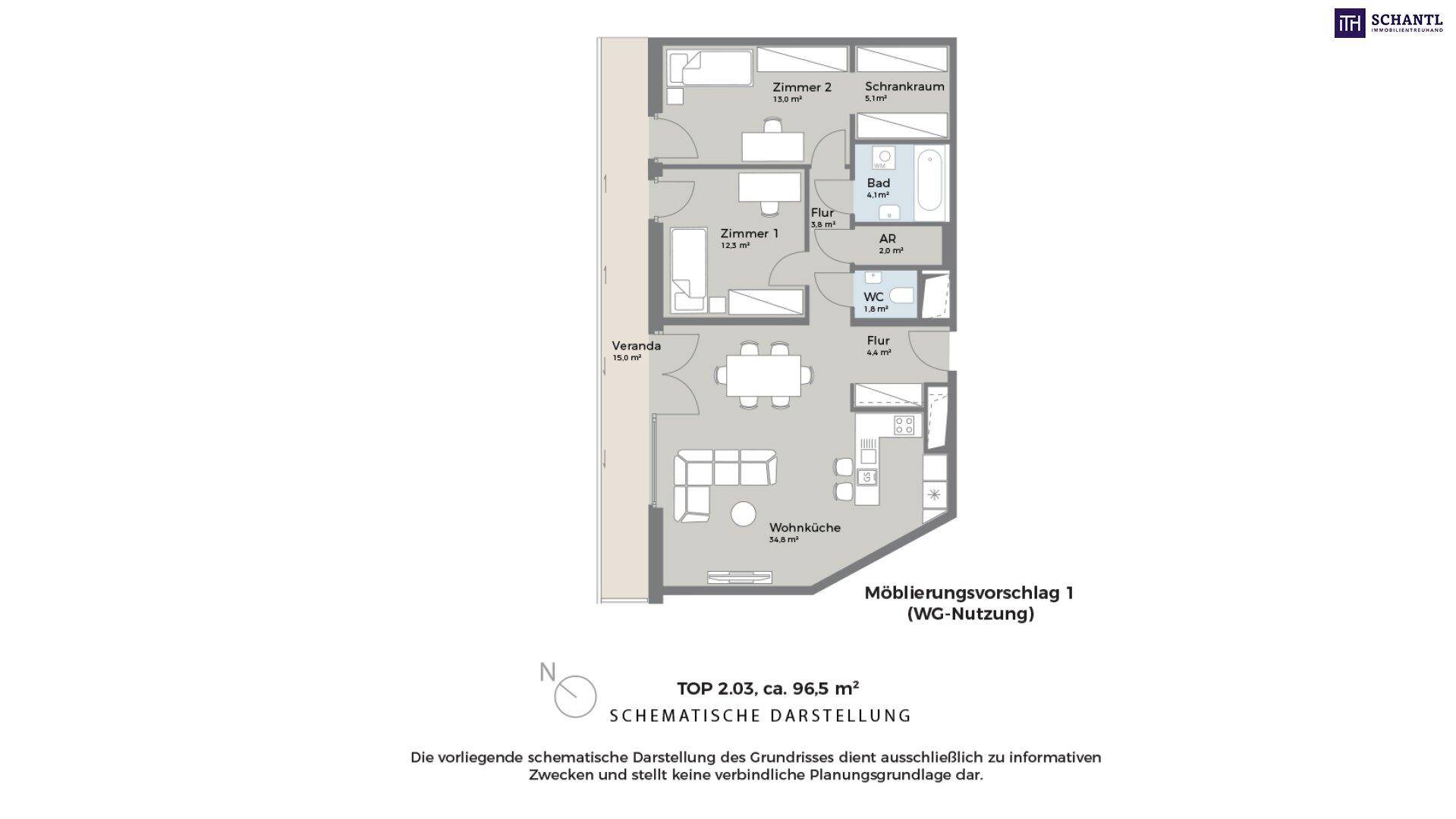 Grundrissvorschlag 1 für eine 96,5 m² Wohnung mit offener Wohnküche und Veranda.