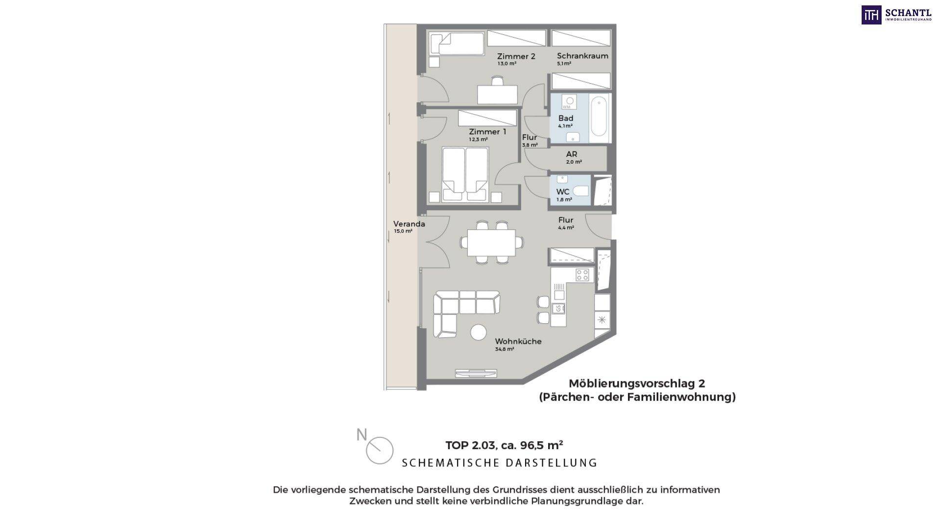 Grundrissvorschlag 2 für eine 96,5 m² Wohnung, ideal für Paare oder Familien.