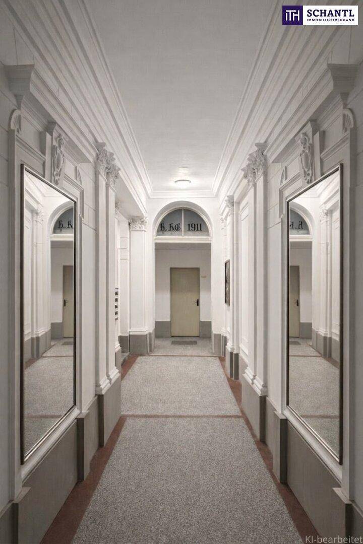Eleganter, langer Flur mit hohen Decken, Stuckelementen und großen Spiegeln.