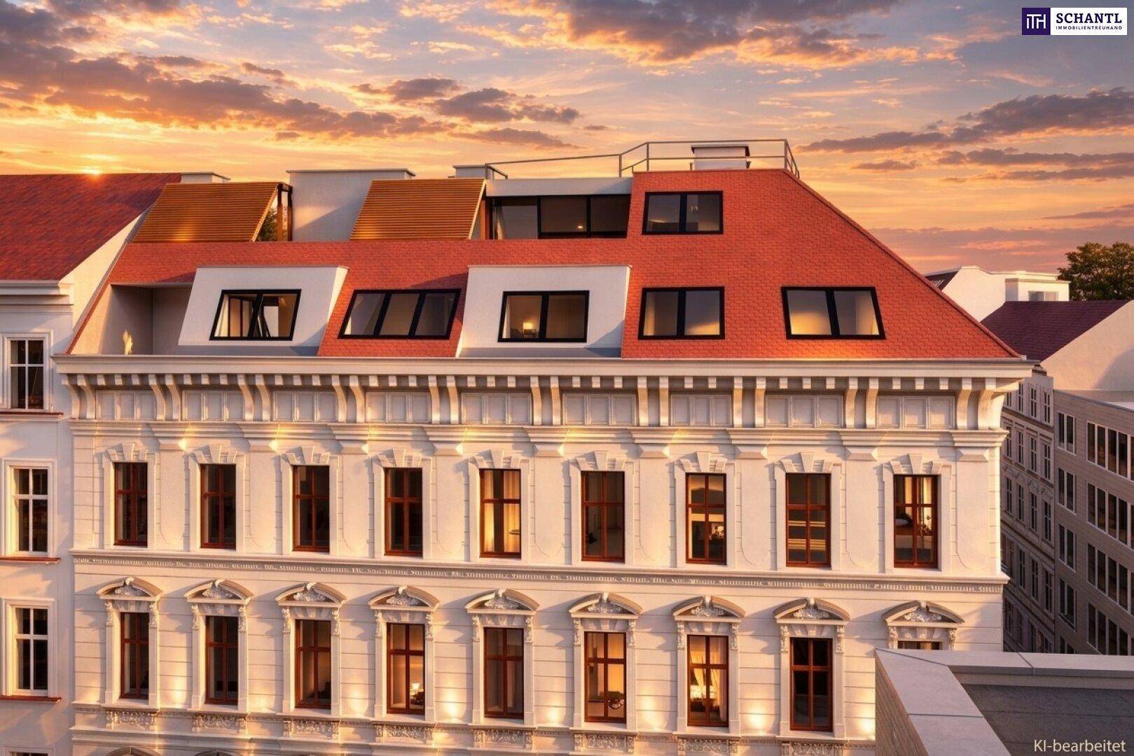 Detailansicht der eleganten Fassade und des roten Mansarddaches bei Sonnenuntergang.