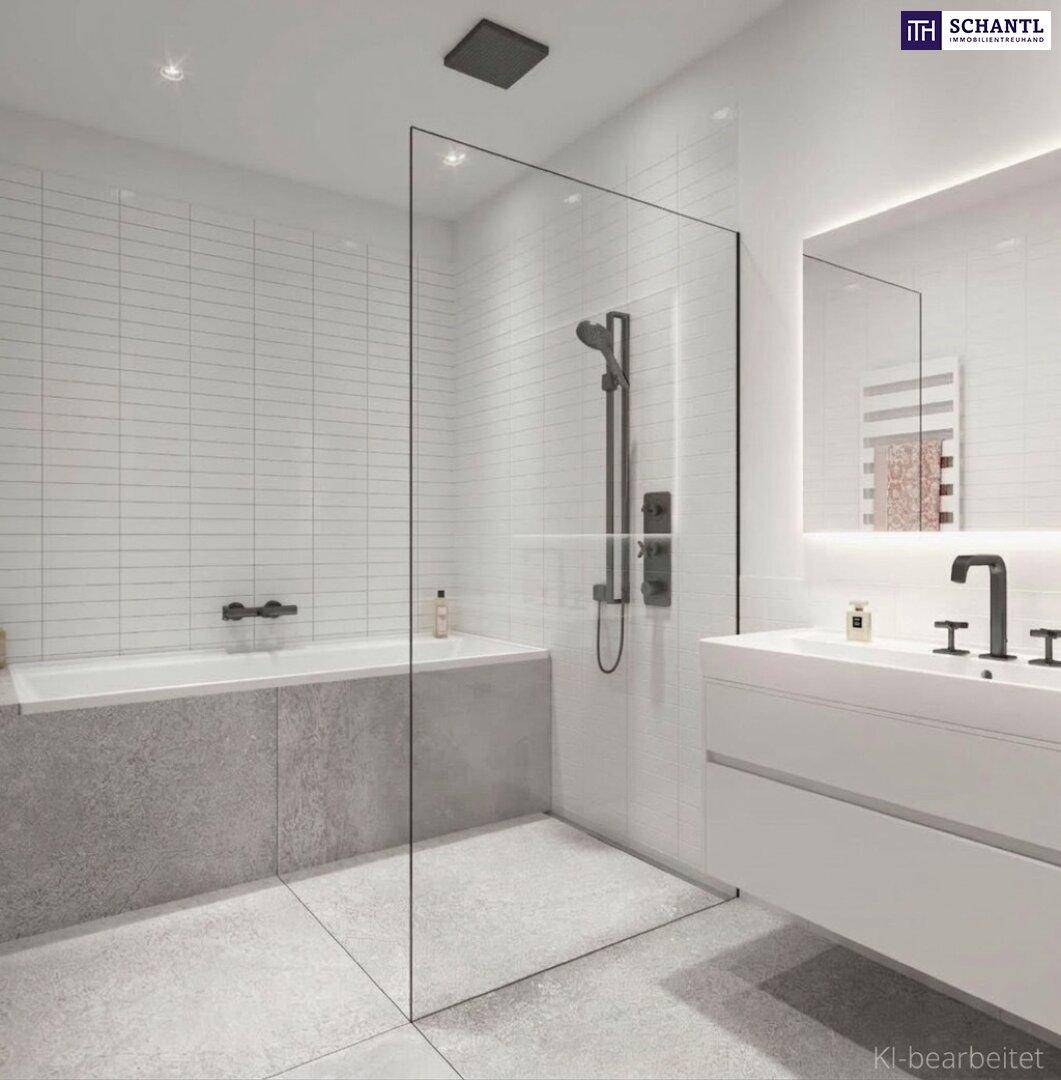 Modernes Badezimmer mit begehbarer Dusche, Badewanne und stilvollen Armaturen.