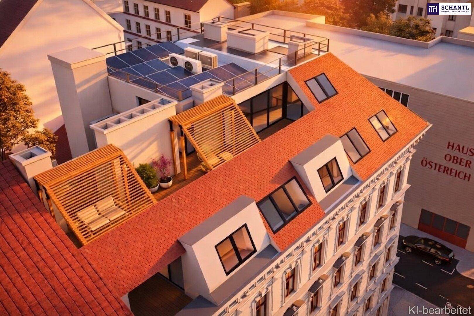 Dachlandschaft eines modernen Gebäudes mit Terrassen, Pergolen und Photovoltaikanlage.