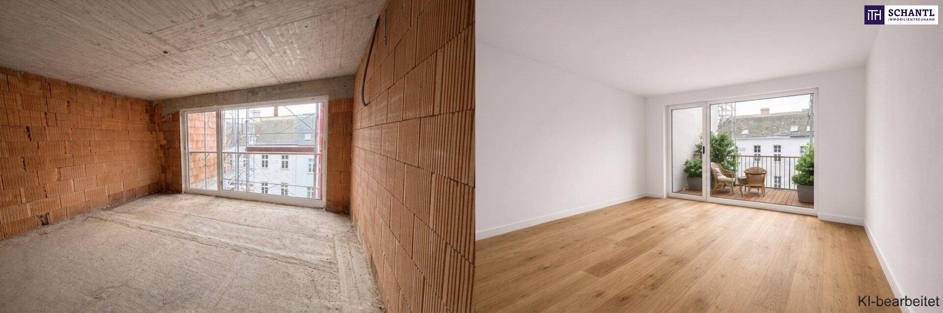 Vergleichsbild eines Raumes im Rohbauzustand und nach Fertigstellung mit Parkettboden und Balkon.