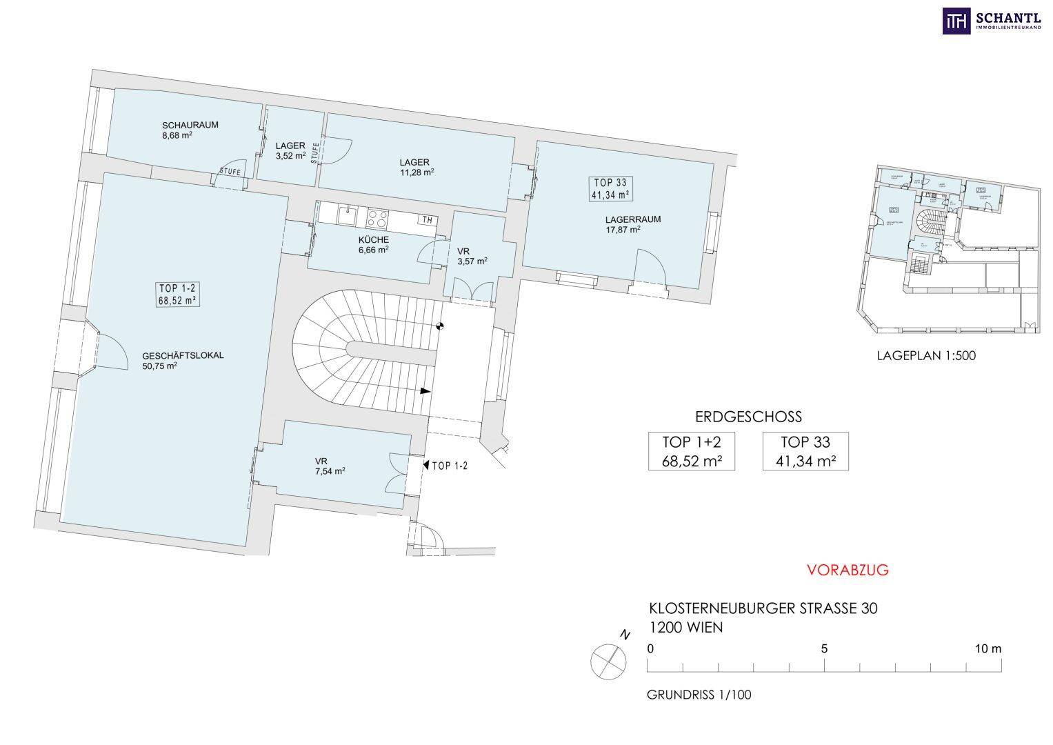 Grundriss des Erdgeschosses mit Geschäftsflächen, Lagerräumen und Treppenhaus.