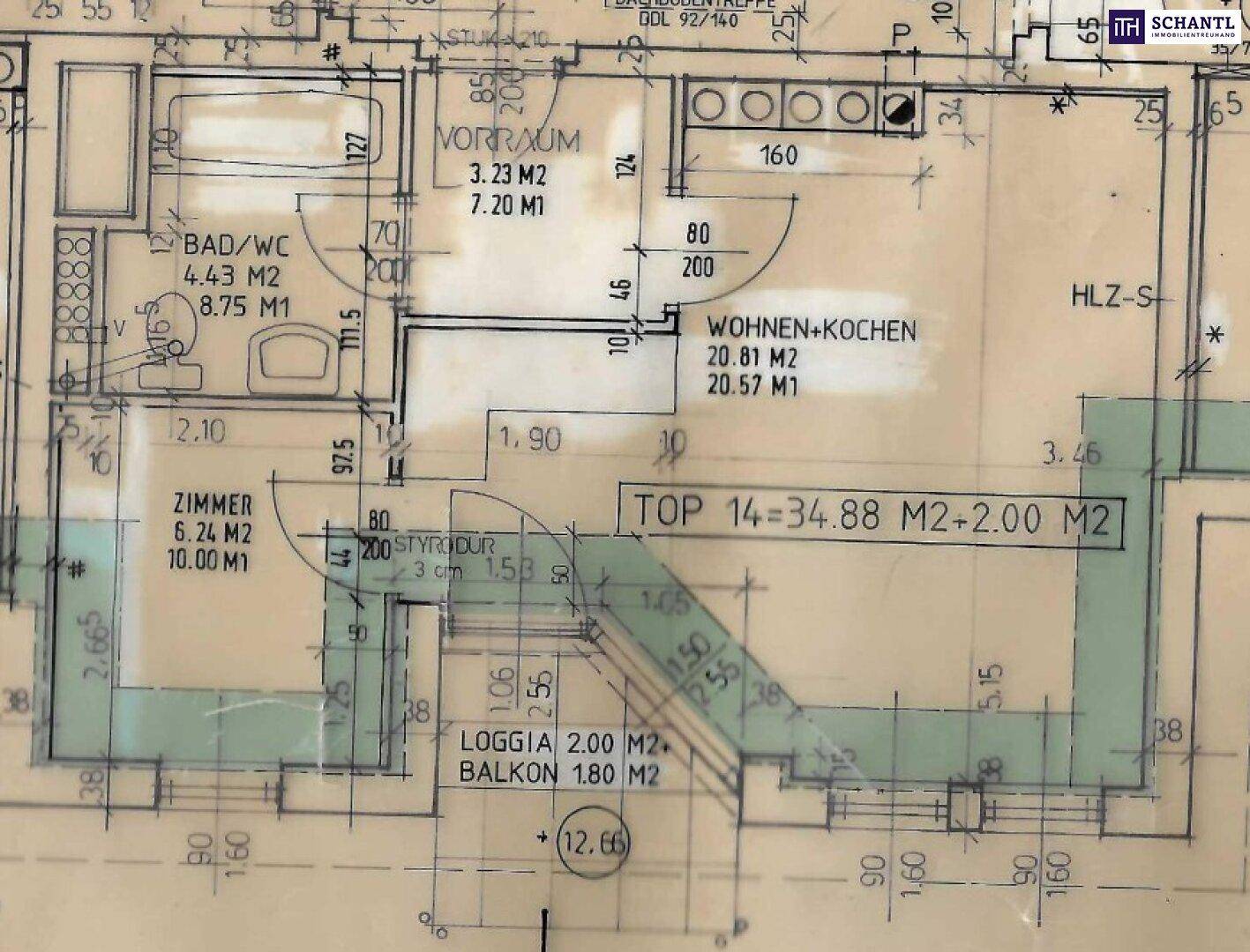 Grundriss einer Wohnung mit Wohn- und Kochbereich, Bad/WC, Zimmer und Loggia/Balkon.