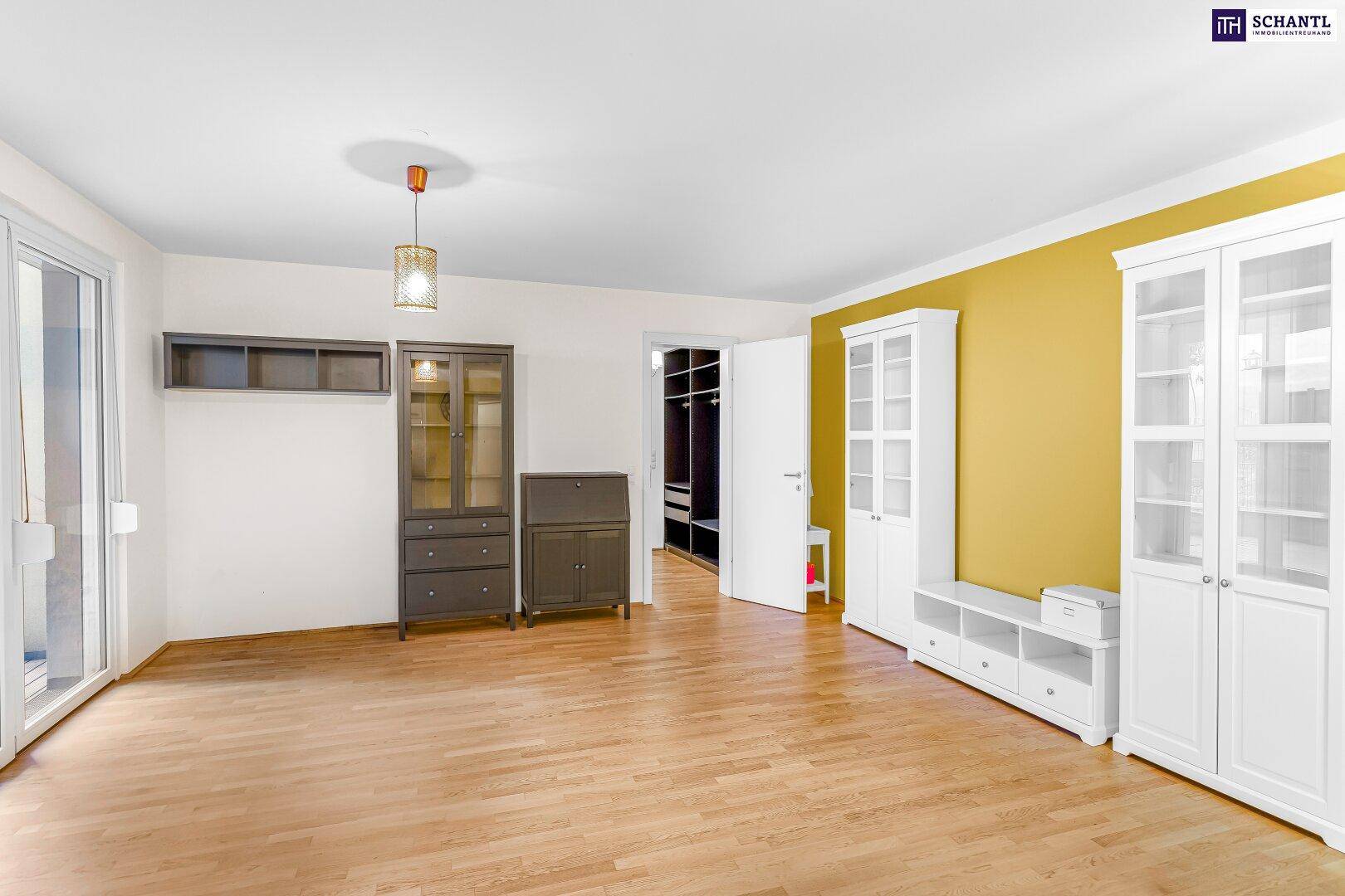 Geräumiger Raum mit Holzboden, gelber Akzentwand und Zugang zu einem begehbaren Kleiderschrank.