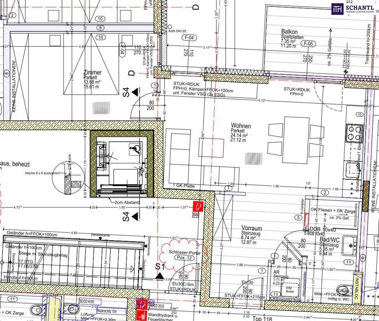 Detaillierter Grundriss einer Wohnung mit Wohnbereich, Balkon und Zimmern.