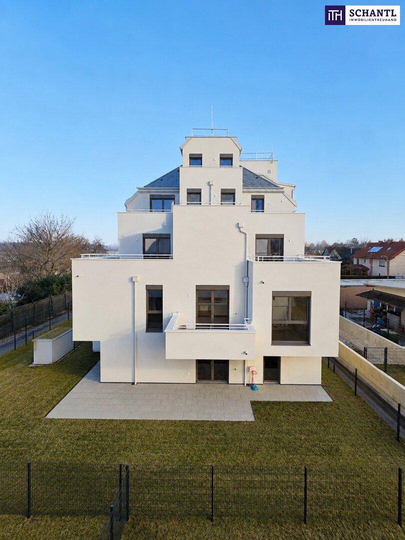 Rückansicht eines modernen Wohngebäudes mit einer gepflasterten Terrasse und angrenzender Rasenfläche.