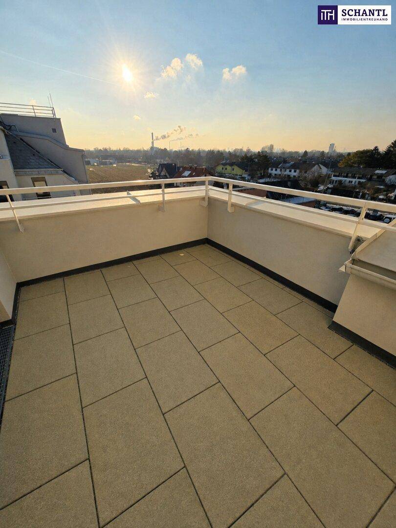 Große Dachterrasse mit Fliesenboden und weitem Blick über die umliegende Bebauung.