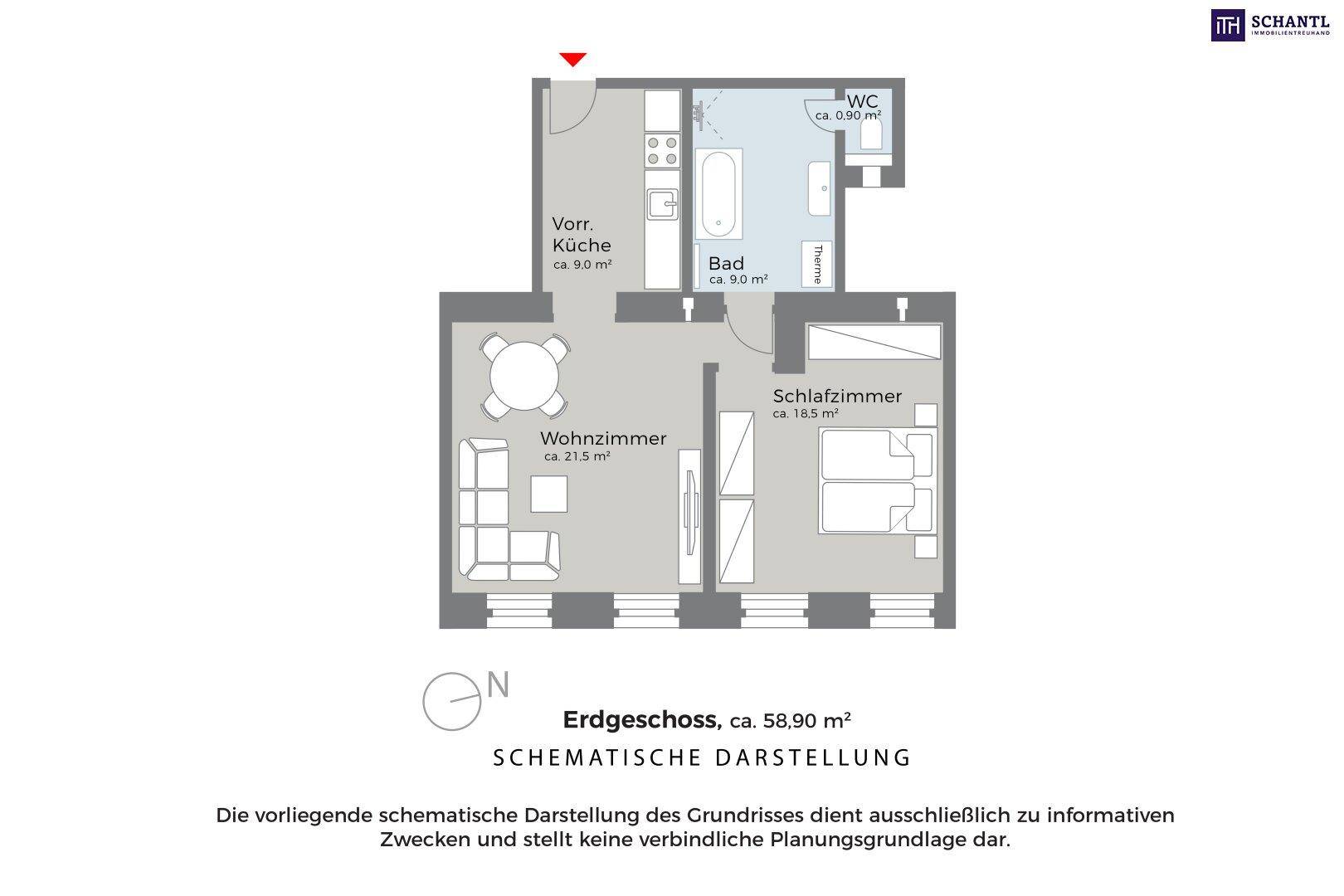 Grundriss des Erdgeschosses mit Küche, Bad, WC, Wohnzimmer und Schlafzimmer auf 58,90 m².