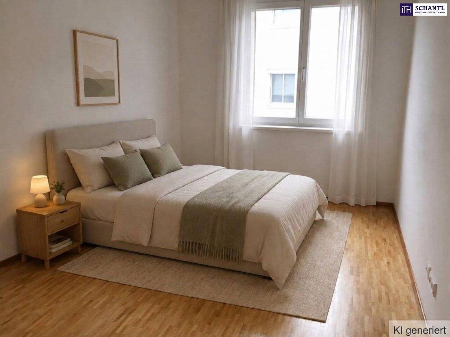 Helles Schlafzimmer mit Doppelbett, Holzboden und großem Fenster mit weißen Vorhängen.