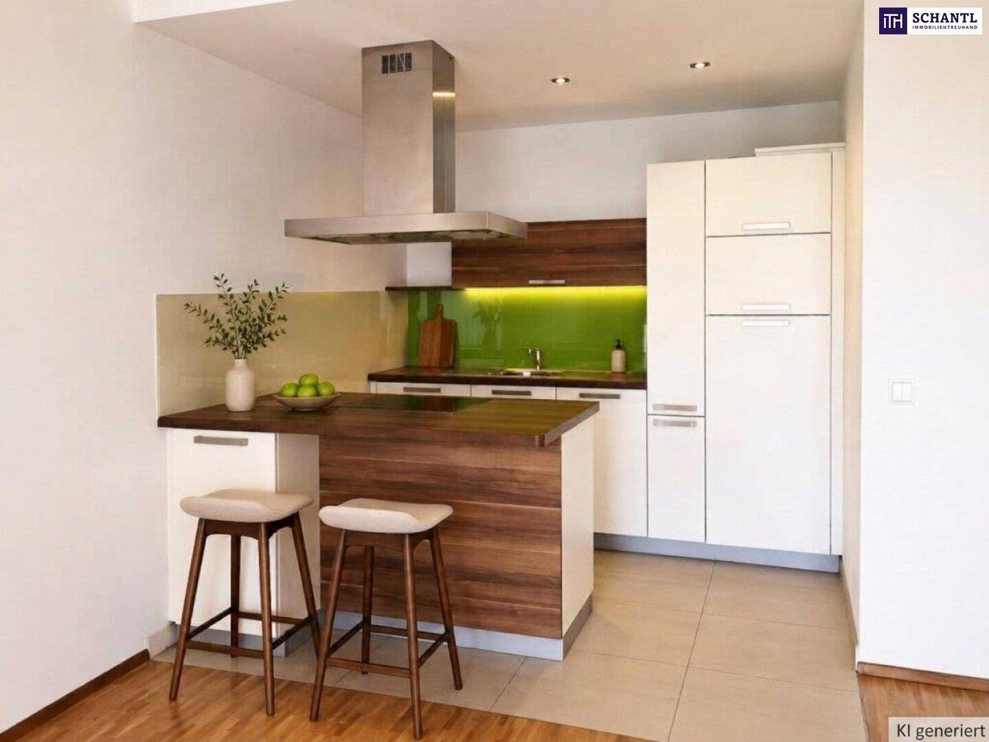 Moderne Küche mit weiß-braunen Schränken, Kochinsel und Dunstabzugshaube in offenem Design.