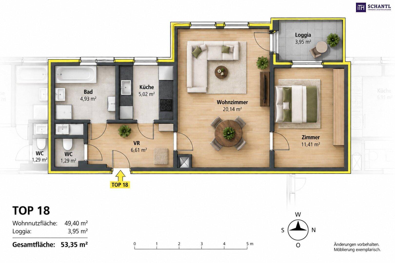 Detaillierter Grundriss einer Wohnung mit Wohnzimmer, Schlafzimmer, Küche und Loggia.