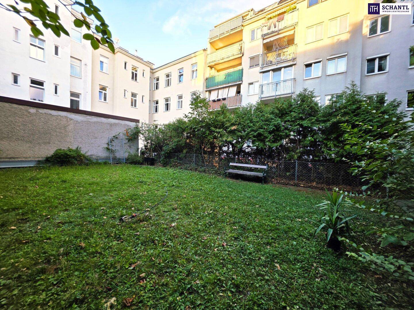 Gemeinschaftsgarten mit Rasenfläche und Sitzbank, umgeben von Bäumen und Sträuchern.