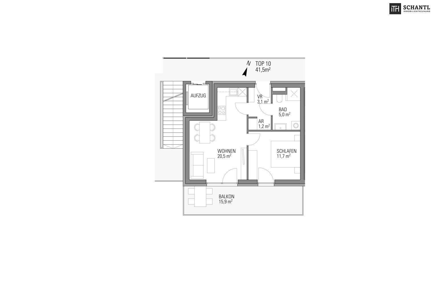 Grundriss einer Wohnung mit Wohnbereich, Schlafzimmer, Bad und Balkon.
