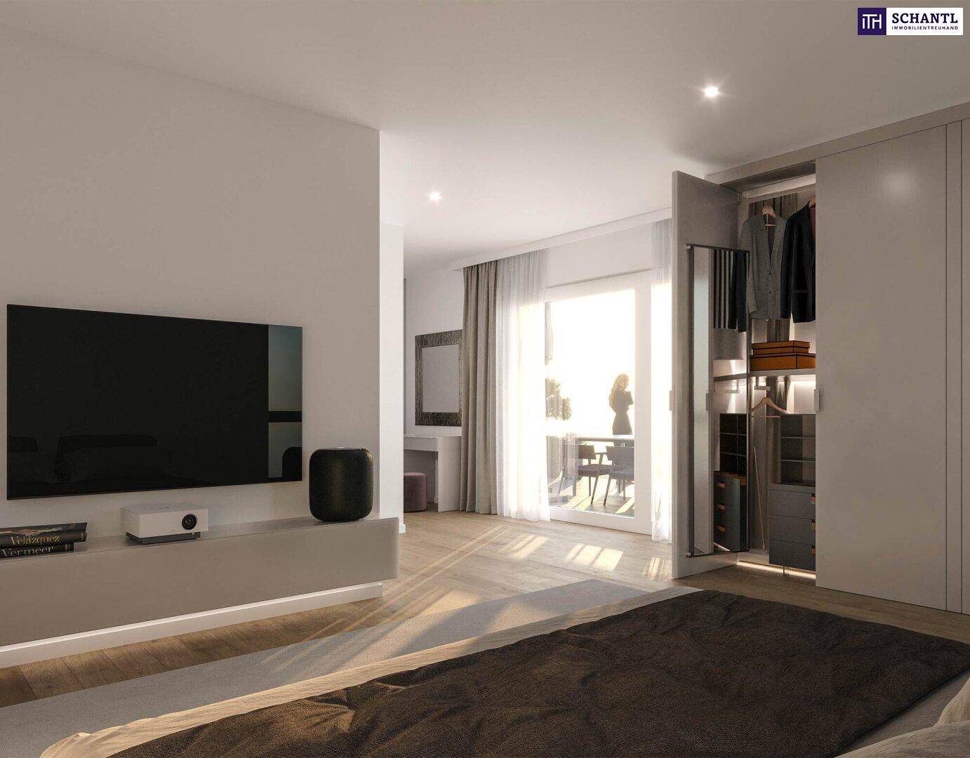 Modernes Schlafzimmer mit integriertem Kleiderschrank, TV-Bereich und Zugang zu einem Balkon.