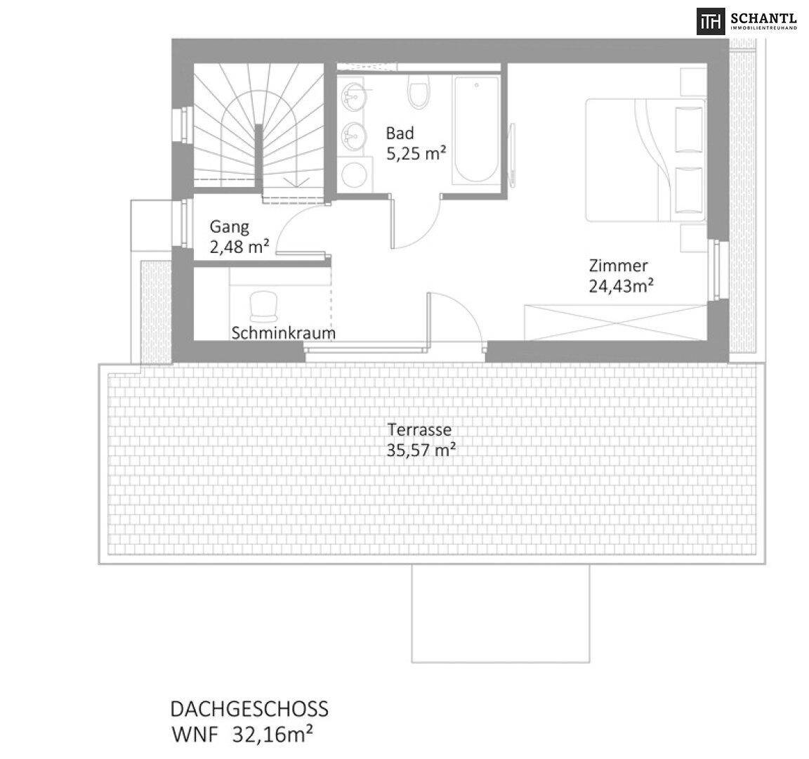 Grundriss des Dachgeschosses mit Schlafzimmer, Bad und einer großzügigen Dachterrasse.
