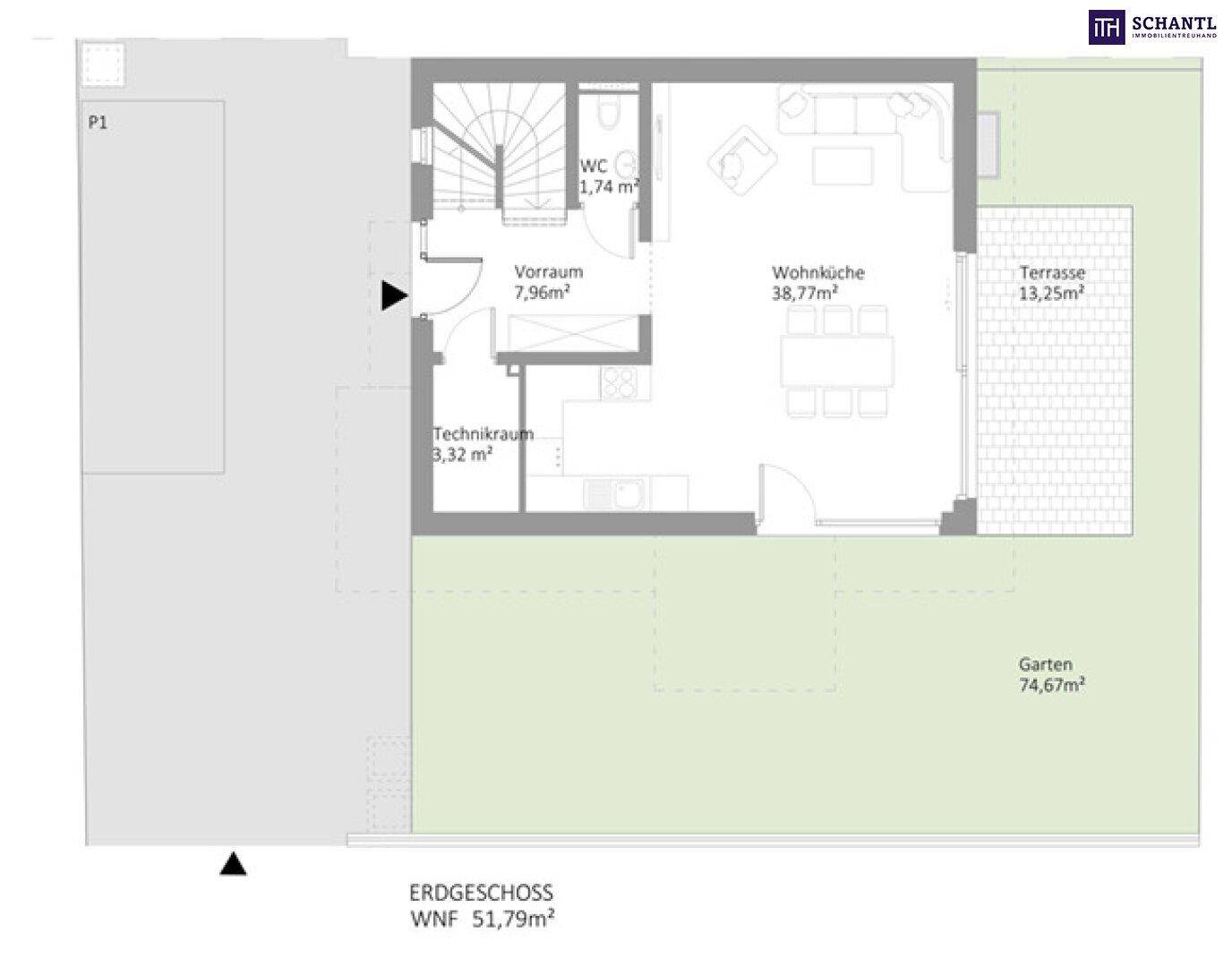 Grundriss des Erdgeschosses mit offener Wohnküche, Gäste-WC, Terrasse und Gartenbereich.