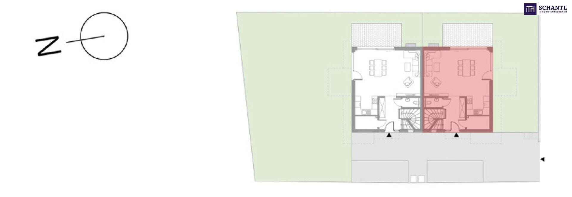 Übersichtlicher Grundriss der Doppelhaushälfte mit angrenzenden Gartenflächen und Nordausrichtung.