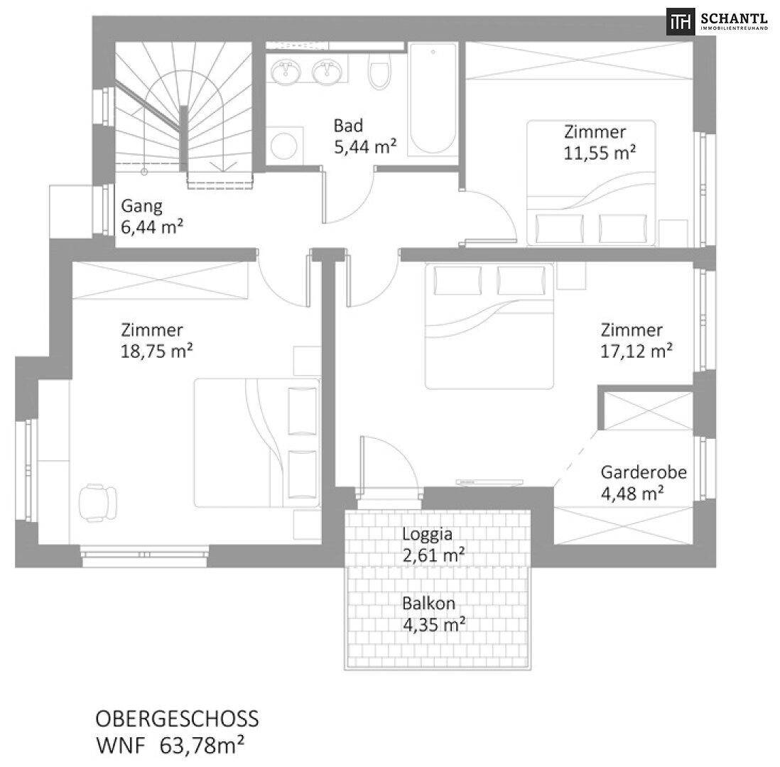 Grundriss des Obergeschosses mit drei Zimmern, Bad, Loggia und einem Balkon.