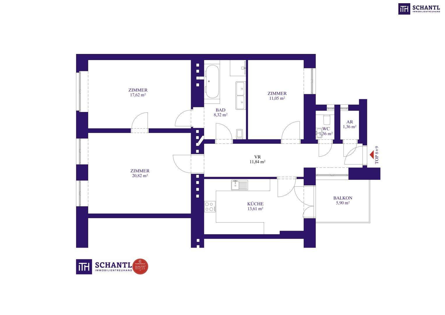 Grundriss einer Wohnung mit drei Zimmern, Bad, WC, Küche und Balkon.
