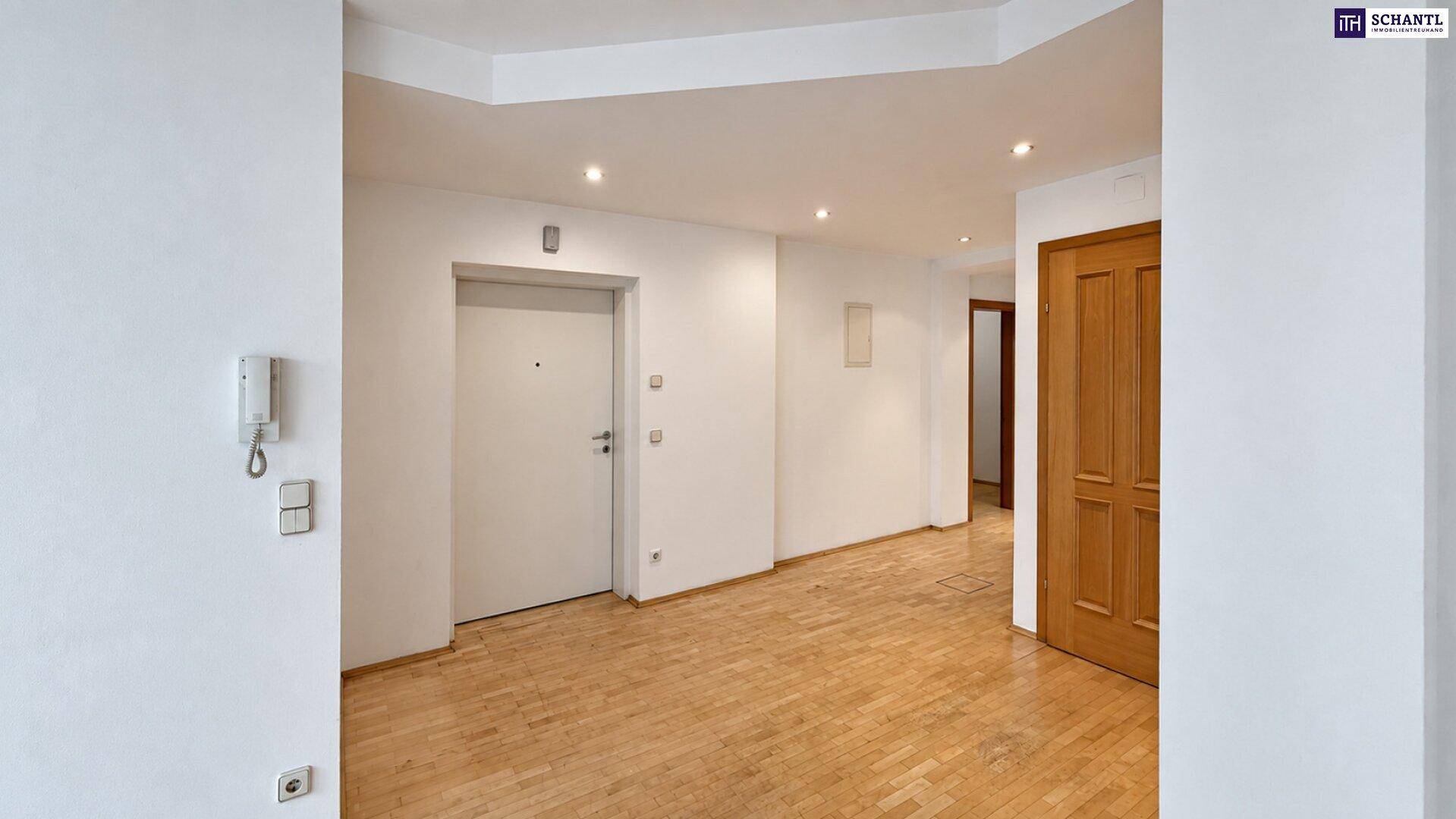 Heller Flur mit Holzboden, Einbaustrahlern und einer modernen Eingangstür.