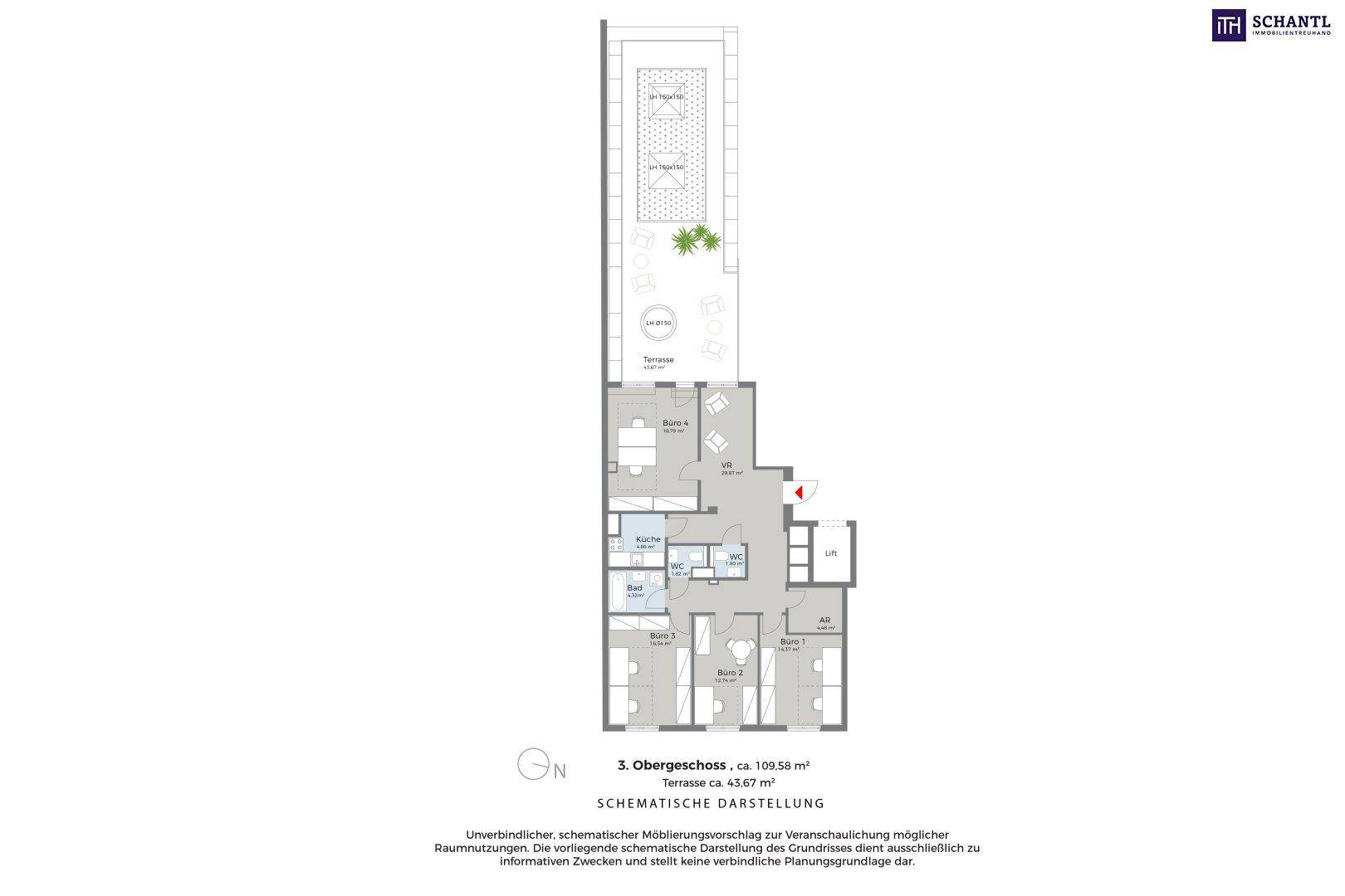 Schematische Darstellung des dritten Obergeschosses mit Terrasse und mehreren Zimmern.