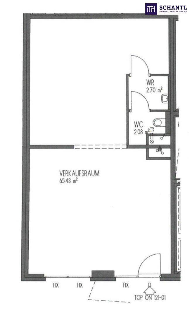 Grundrissplan eines Verkaufsraums mit separatem WC und Abstellraum.