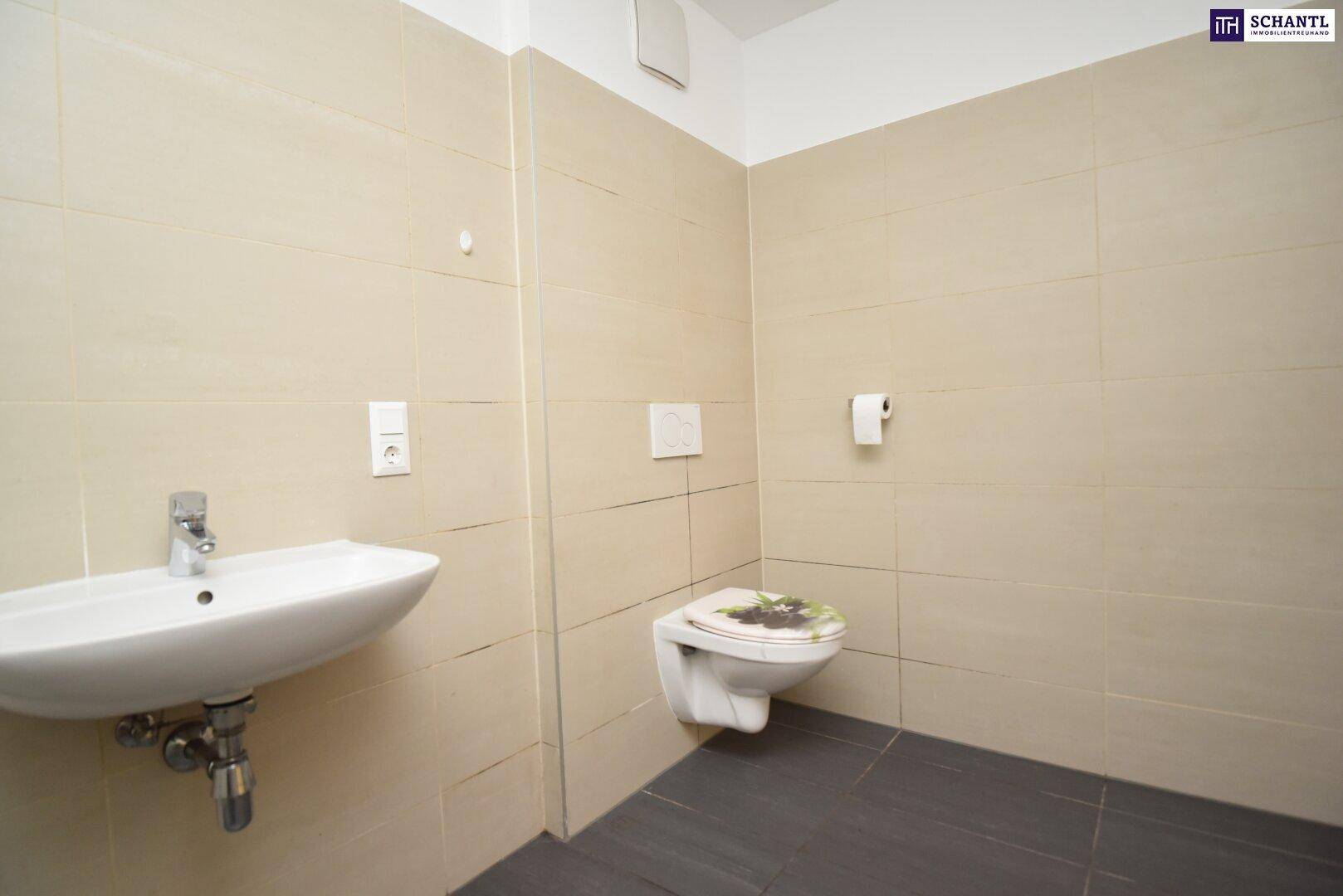 Separates WC mit Wand-WC und Waschbecken, gefliest in hellen und dunklen Farbtönen.