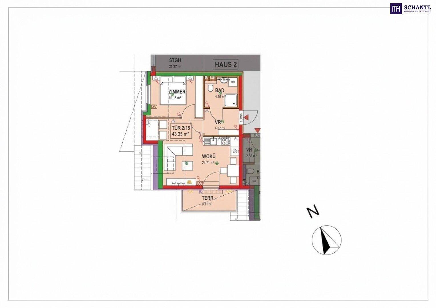 Grundriss für Haus 2 mit Wohnküche, Zimmer und Terrasse im Erdgeschoss.