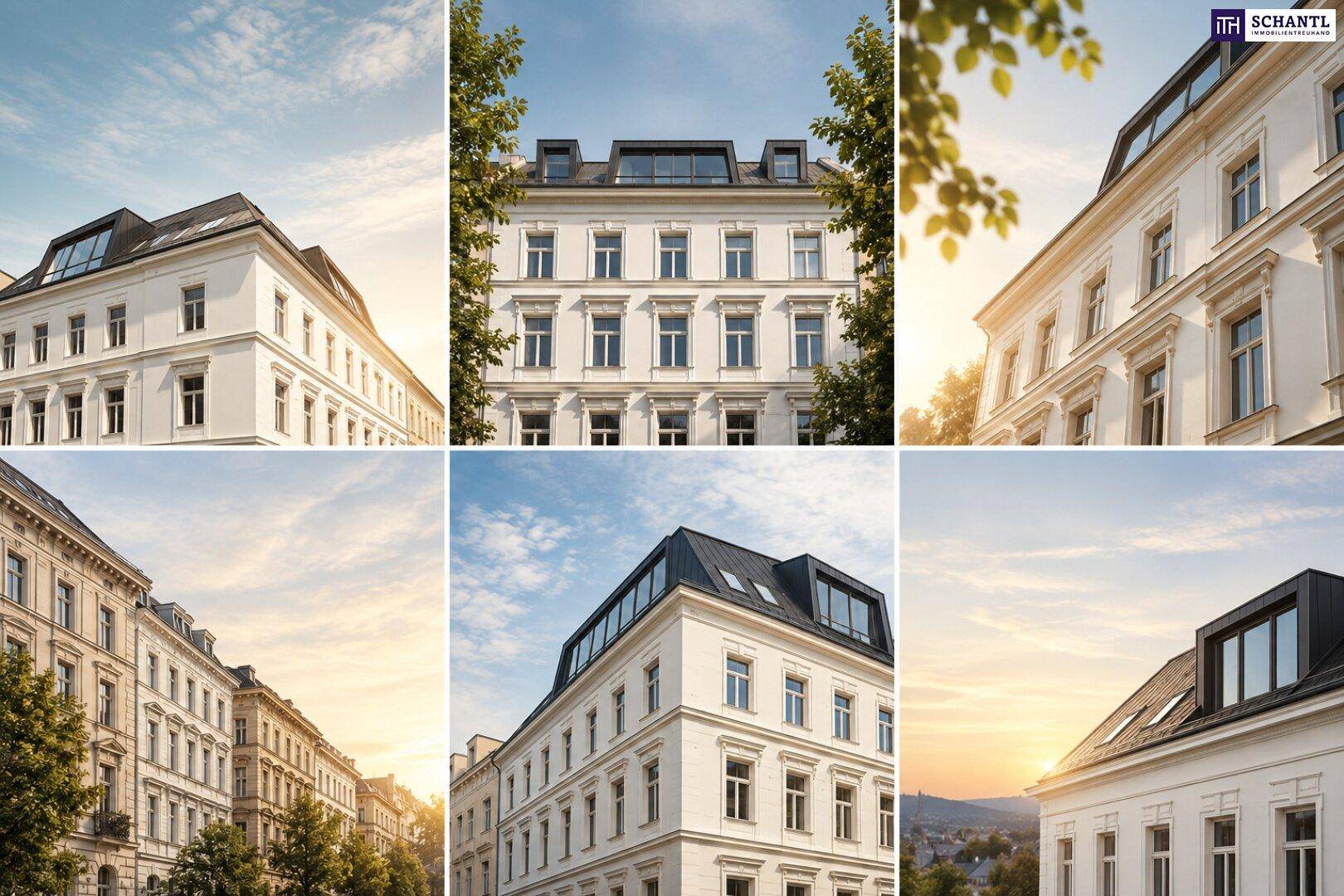 Kollage von sechs Ansichten klassischer Wohngebäude mit modernen Dachausbauten in städtischer Umgebung.