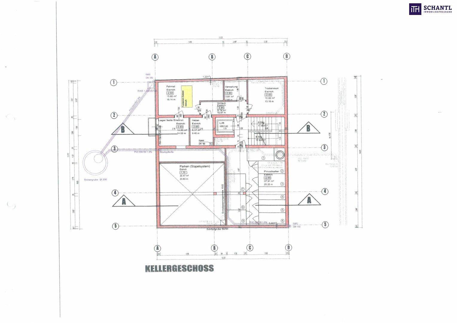 Grundriss des Kellergeschosses mit Abstellräumen und Technikbereichen.