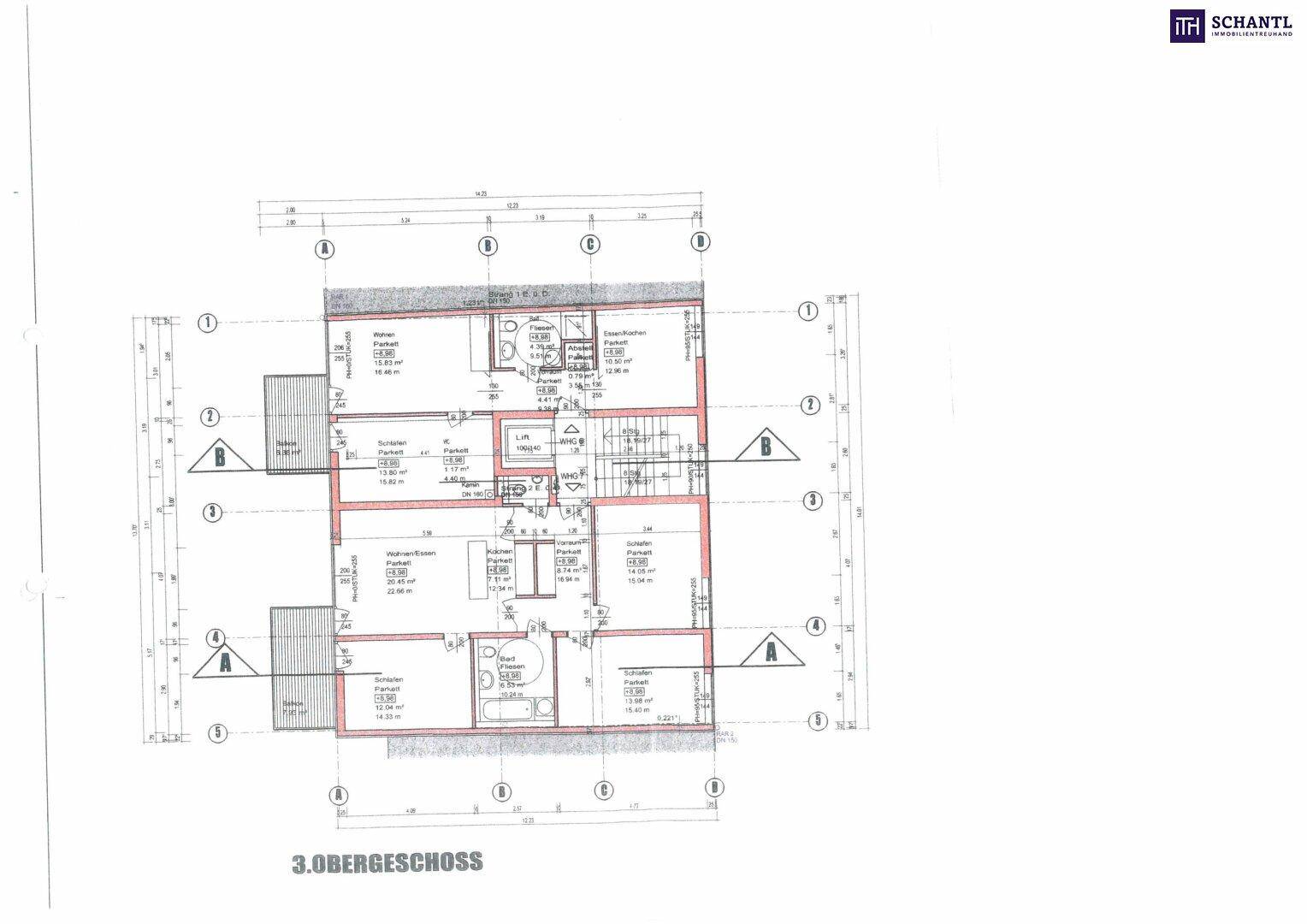 Grundriss des dritten Obergeschosses mit zwei Wohneinheiten und Balkonen.