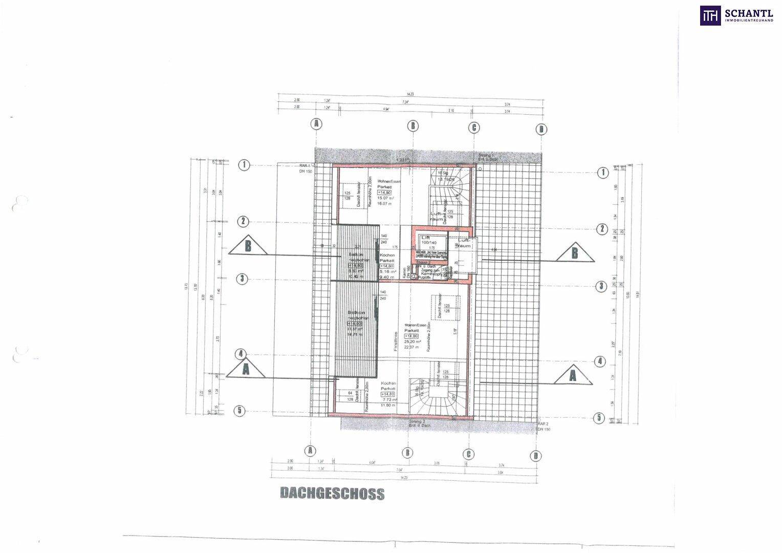 Grundriss des Dachgeschosses mit zwei Wohneinheiten und Dachschrägen.