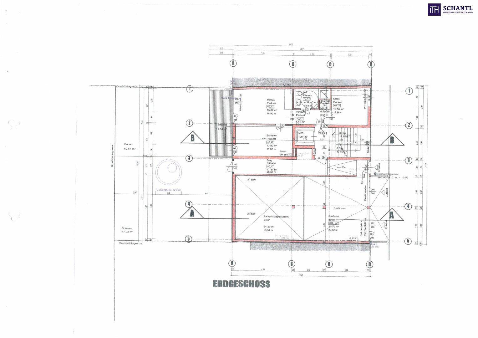 Grundriss des Erdgeschosses mit Eingangsbereich, Treppenhaus und Fahrradraum.