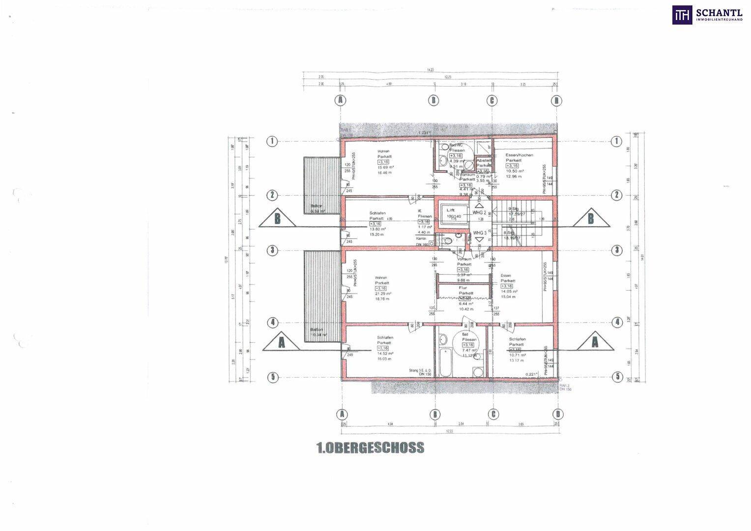 Grundriss des ersten Obergeschosses mit zwei Wohneinheiten und Balkonen.