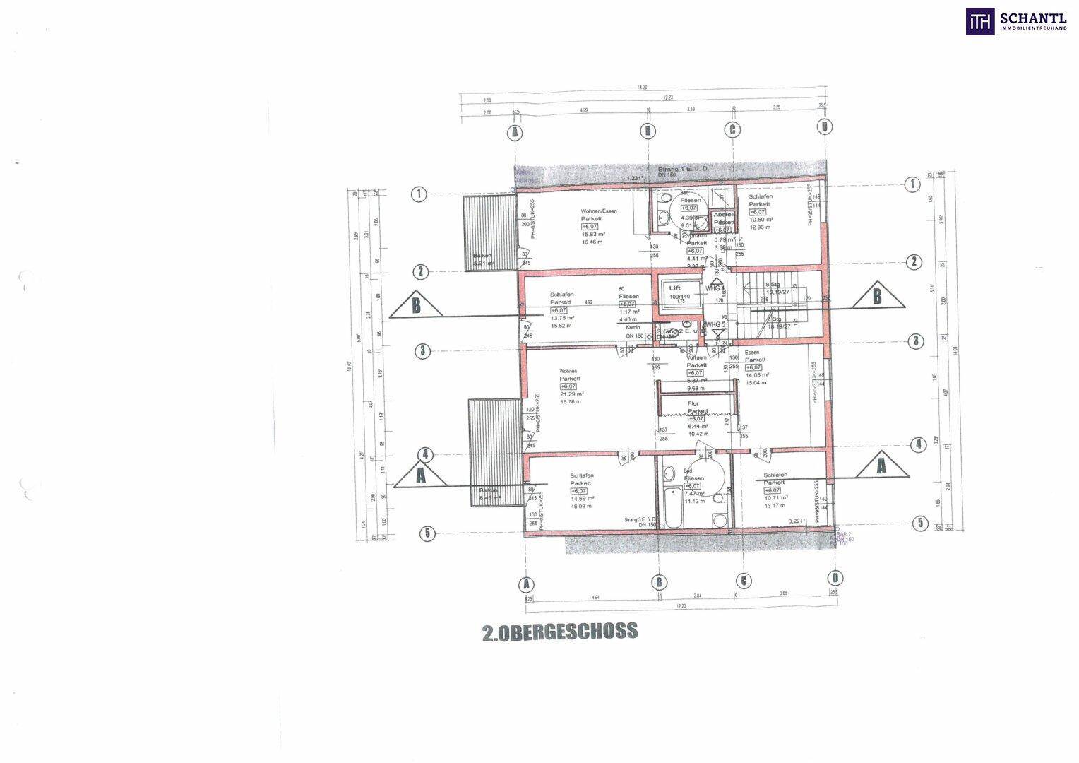 Grundriss des zweiten Obergeschosses mit zwei Wohnungen und Balkonzugang.