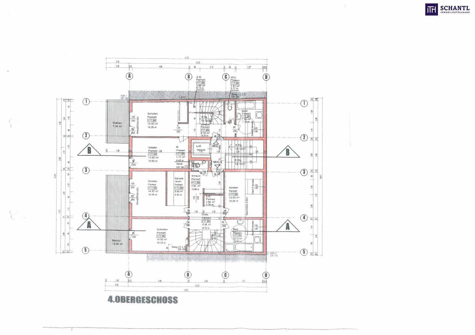 Grundriss des vierten Obergeschosses mit zwei Wohnungen und Balkonzugang.