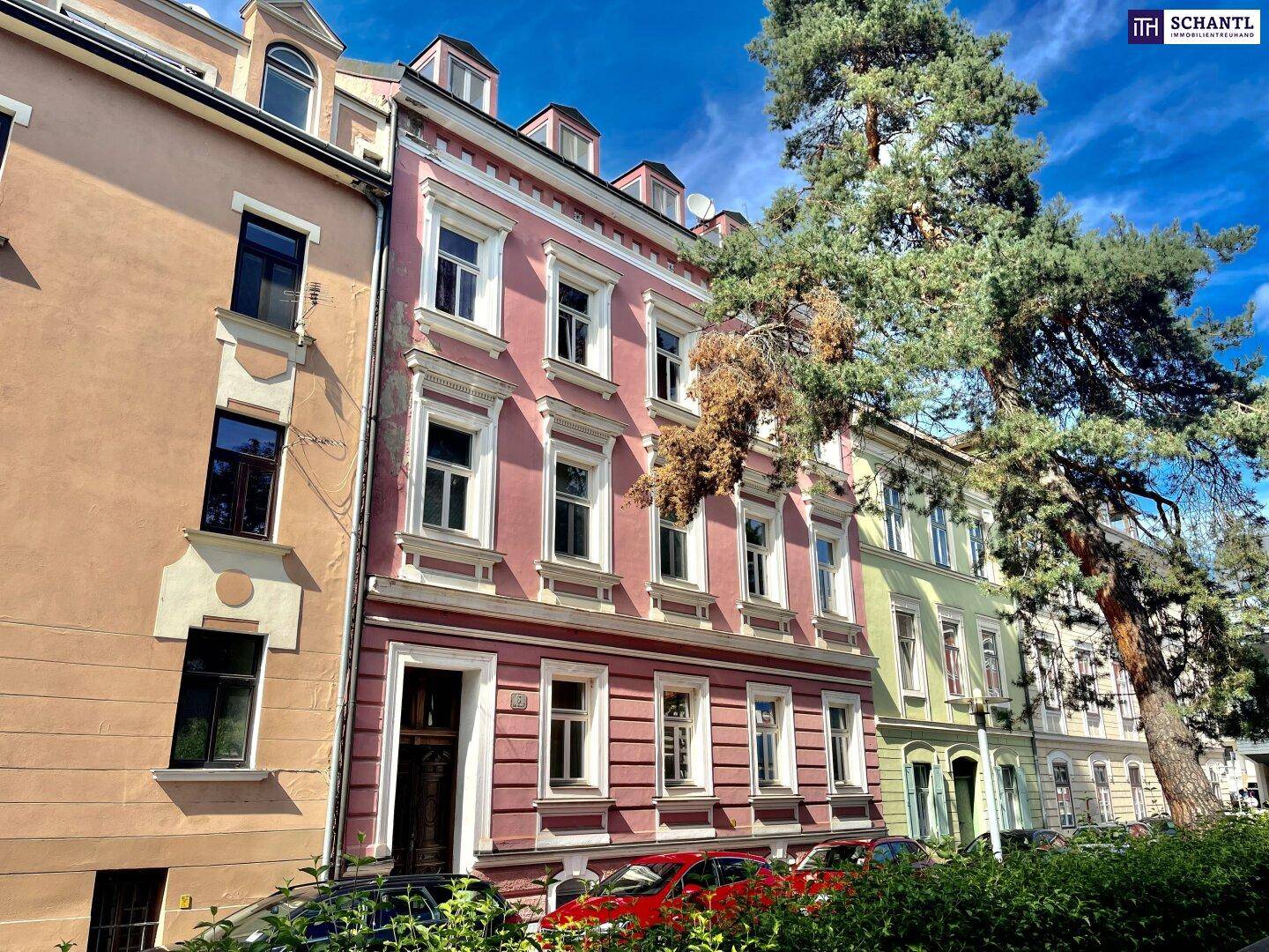 Detailansicht der rosafarbenen Fassade eines historischen Gebäudes mit vielen Fenstern und einem Baum.