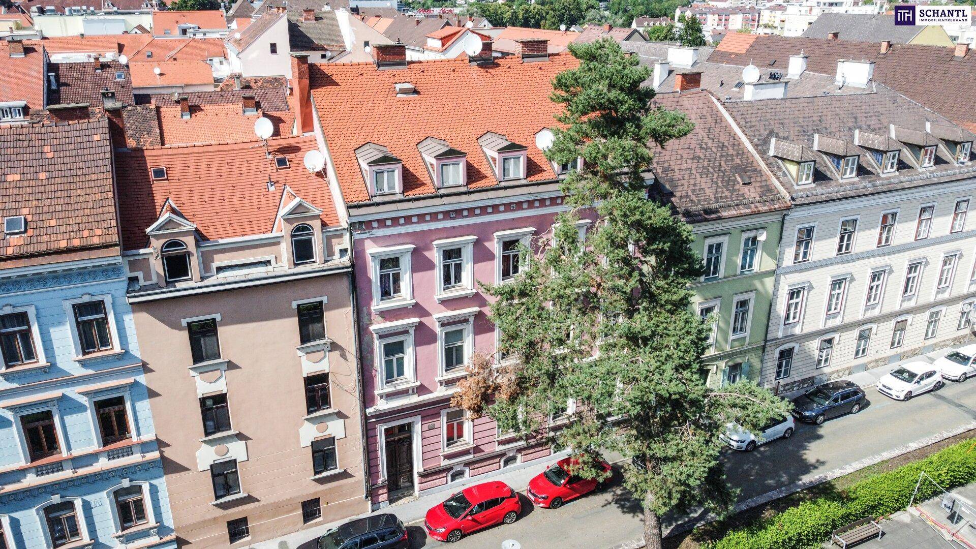 Luftaufnahme einer Reihe von historischen Gebäuden mit roten Dächern und einer Baumreihe an der Straße.