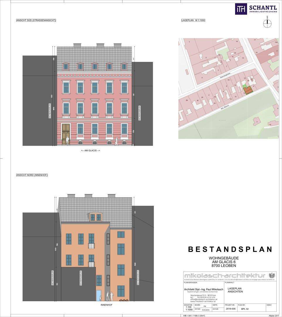 Architektonische Ansichten der Fassade und ein Lageplan des Wohngebäudes in der Umgebung.