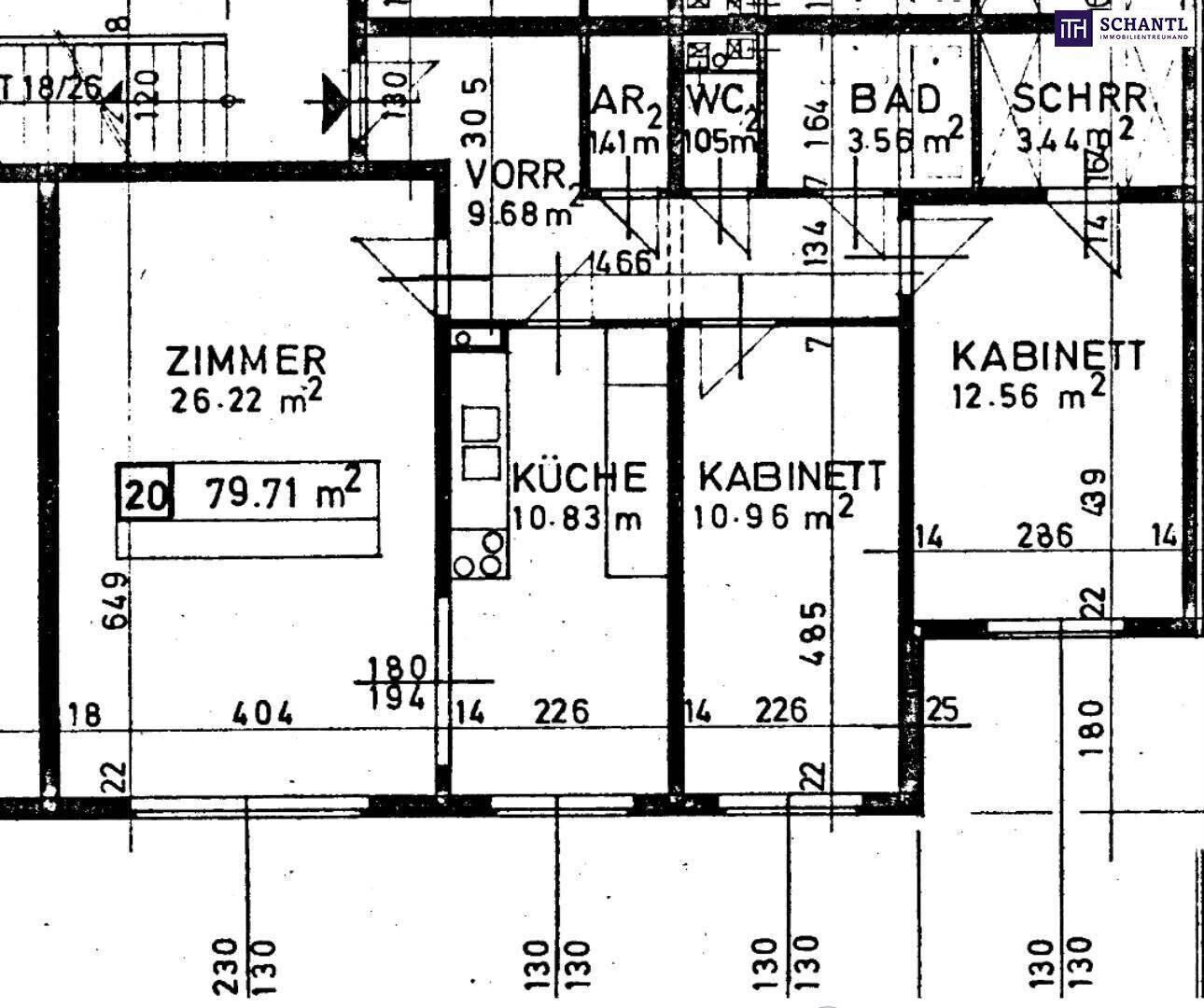 Detaillierter Grundrissplan einer Wohnung mit mehreren Zimmern, separater Küche, Bad und WC.